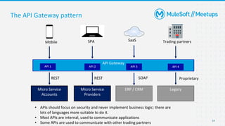 14
The API Gateway pattern
API Gateway
Micro Service
Accounts
Micro Service
Providers
ERP / CRM Legacy
Mobile SPA SaaS Trading partners
REST REST SOAP Proprietary
API 1 API 2 API 3 API 4
• APIs should focus on security and never implement business logic; there are
lots of languages more suitable to do it.
• Most APIs are internal, used to communicate applications
• Some APIs are used to communicate with other trading partners
 