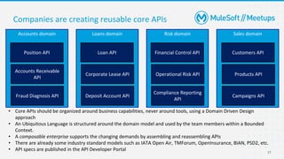 17
Companies are creating reusable core APIs
Risk domain
Loans domain
Accounts domain Sales domain
Position API
Accounts Receivable
API
Fraud Diagnosis API
• Core APIs should be organized around business capabilities, never around tools, using a Domain Driven Design
approach
• An Ubiquitous Language is structured around the domain model and used by the team members within a Bounded
Context.
• A composable enterprise supports the changing demands by assembling and reassembling APIs
• There are already some industry standard models such as IATA Open Air, TMForum, OpenInsurance, BIAN, PSD2, etc.
• API specs are published in the API Developer Portal
Loan API
Corporate Lease API
Deposit Account API
Financial Control API
Operational Risk API
Compliance Reporting
API
Customers API
Products API
Campaigns API
 