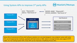 29
Using System APIs to improve 3rd party APIs
System API
Process API 1
Process API 2
Process API 3
SaaS Backend
POST /readInvoices
POST /deteteInvoices
POST /createInvoices
/Invoices
GET
POST
DELETE
{
INVOICE_NAME : “Shipment01”,
INVOICE_ADDRESS: “Wall Street 12”
}
{
name : “Shipment01”,
address: “Wall Street 12”
}
Some APIs of commercial off-the-shelf software solutions are very bad designed: crazy endpoint names with verbs
(!?), use of inappropriate methods, payloads with bad names or XML, dates in strange formats, bad usage of HTTP
codes, etc. By creating System APIs, those APIs can be improved, simplifying Process APIs.
 