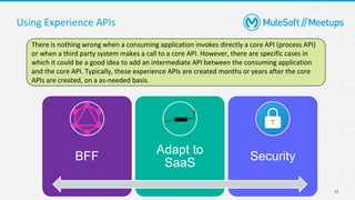 31
Using Experience APIs
There is nothing wrong when a consuming application invokes directly a core API (process API)
or when a third party system makes a call to a core API. However, there are specific cases in
which it could be a good idea to add an intermediate API between the consuming application
and the core API. Typically, these experience APIs are created months or years after the core
APIs are created, on a as-needed basis.
BFF
Adapt to
SaaS
Security
 