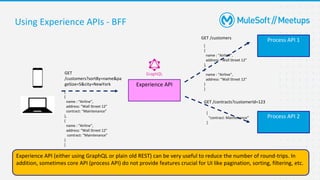 32
Using Experience APIs - BFF
Process API 1
Experience API (either using GraphQL or plain old REST) can be very useful to reduce the number of round-trips. In
addition, sometimes core API (process API) do not provide features crucial for UI like pagination, sorting, filtering, etc.
Process API 2
Experience API
[
{
name : “Airline”,
address: “Wall Street 12”
},
{
name : “Airline”,
address: “Wall Street 12”
}
]
GET /customers
GET /contracts?customerId=123
[
“contract: Maintenance”
]
[
{
name : “Airline”,
address: “Wall Street 12”
contract: “Maintenance”
},
{
name : “Airline”,
address: “Wall Street 12”
contract: “Maintenance”
}
]
GET
/customers?sortBy=name&pa
geSize=5&city=NewYork
 