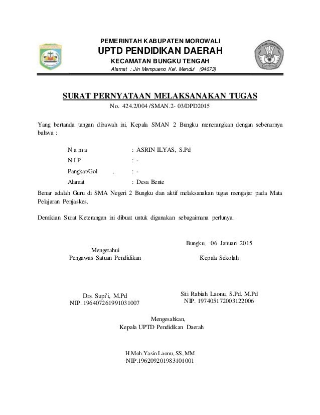 Surat Keterangan Melaksanakan Tugas Mengajar Dari Kepala Sekolah Bagi Contoh Surat