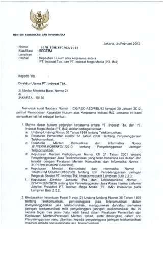 Surat menteri to indosat [kepastian hukum kasus im2] 24 feb 2012