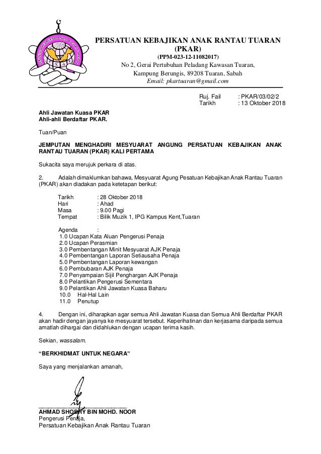 Surat Panggilan Mesyuarat Spsk Selangor 2018