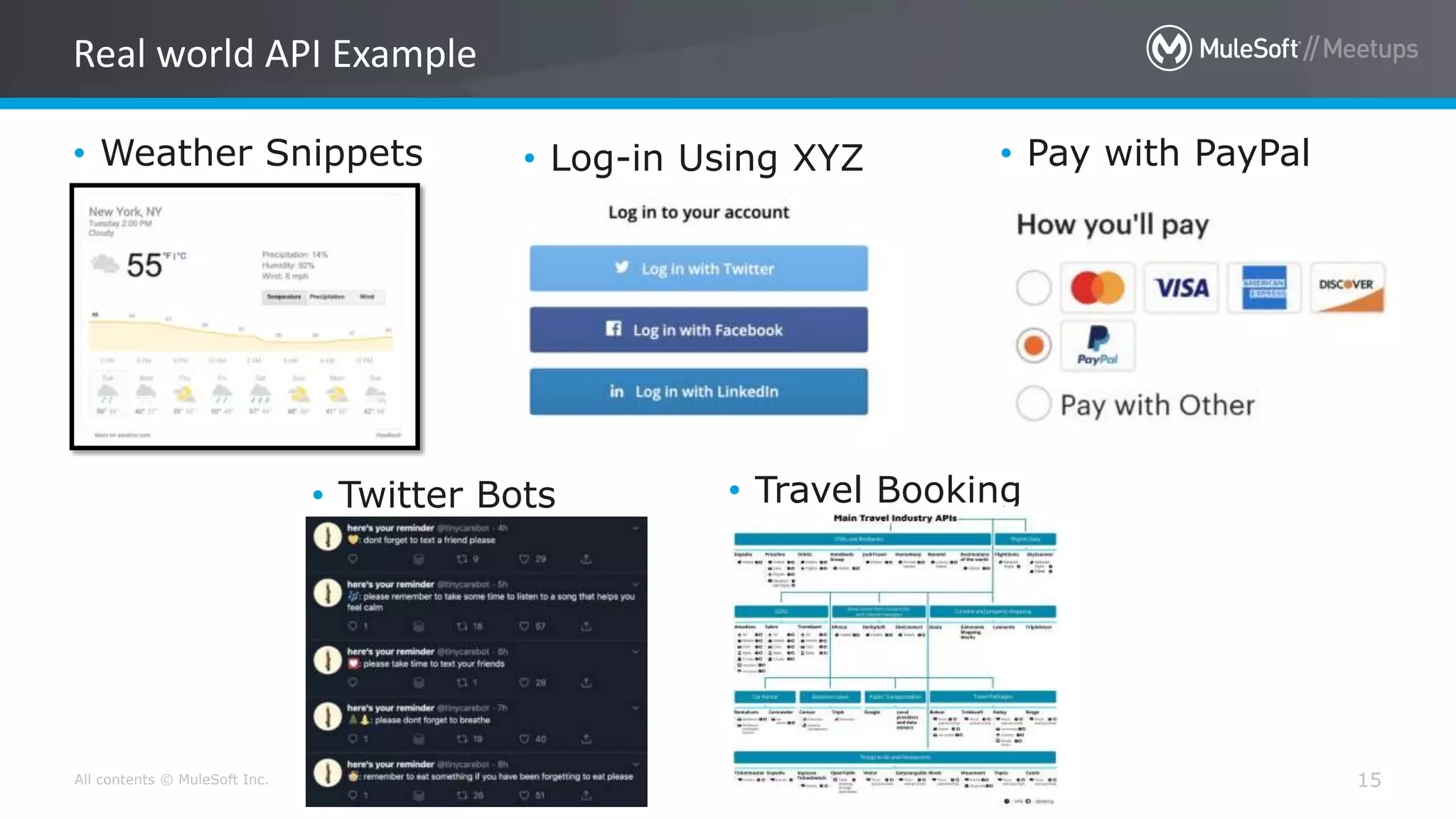 All contents © MuleSoft Inc. 15
• Weather Snippets
Real world API Example
• Log-in Using XYZ • Pay with PayPal
• Twitter Bots • Travel Booking
 