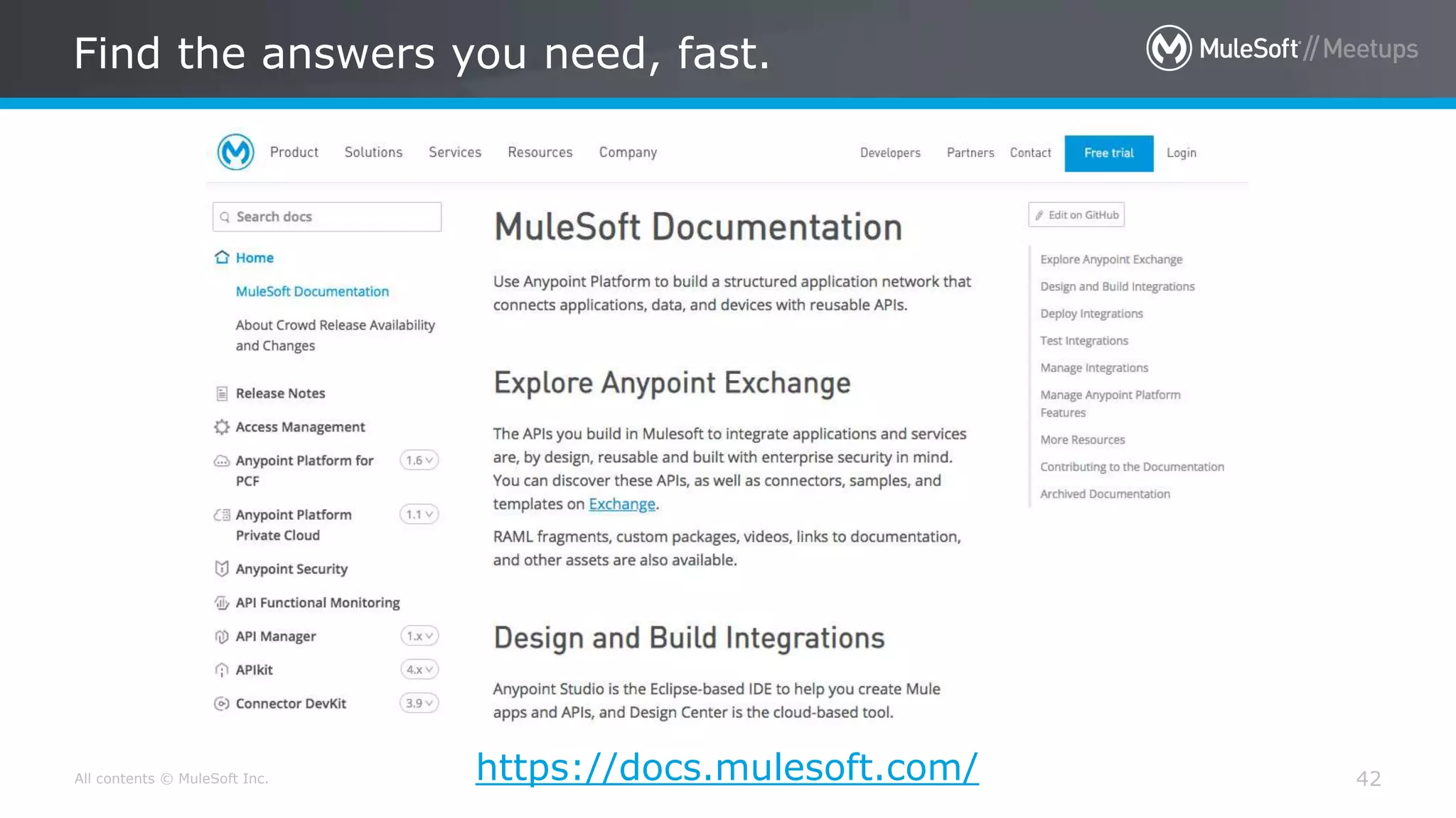 All contents © MuleSoft Inc.
Find the answers you need, fast.
42https://docs.mulesoft.com/
 