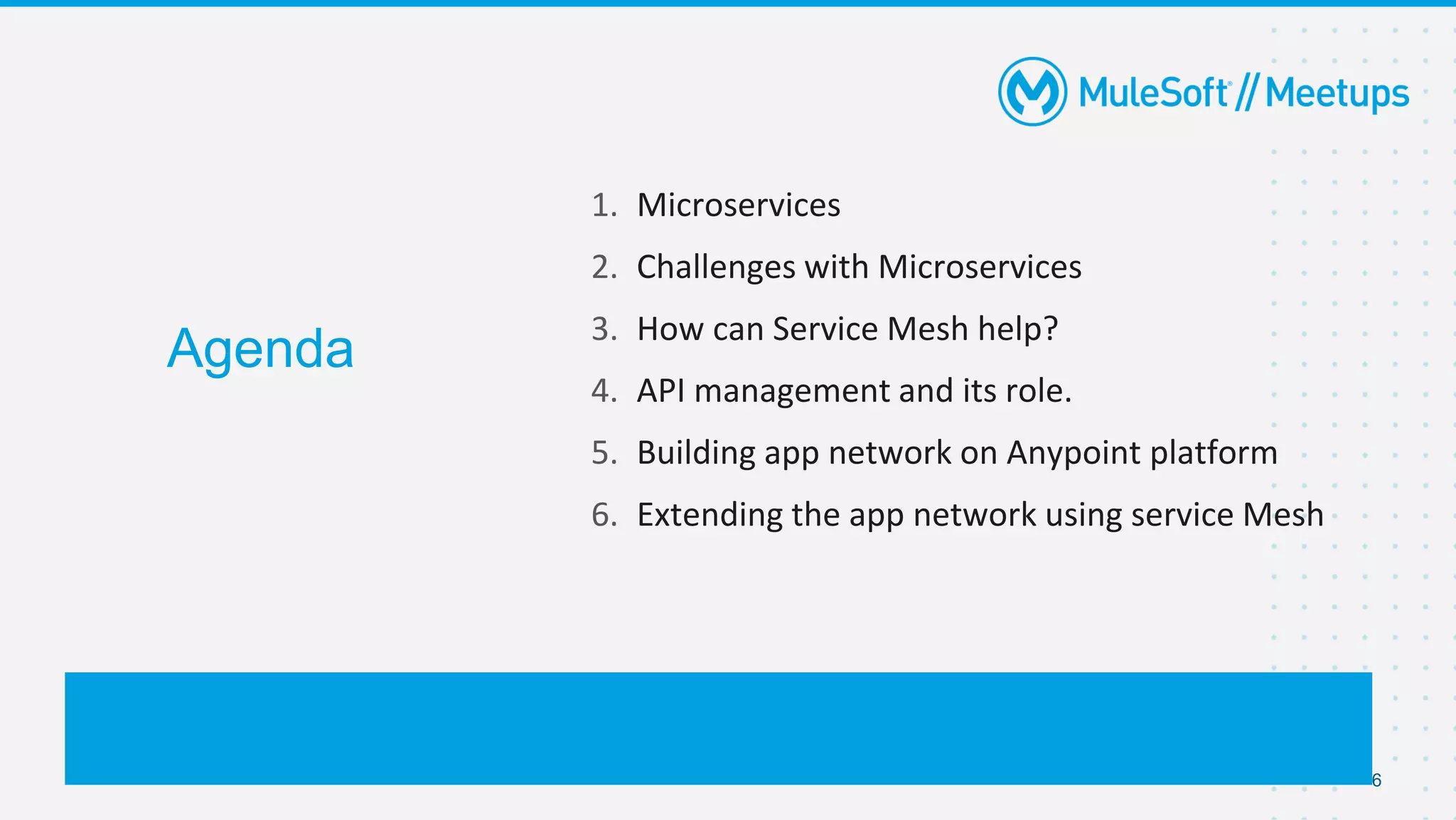 6
1. Microservices
2. Challenges with Microservices
3. How can Service Mesh help?
4. API management and its role.
5. Building app network on Anypoint platform
6. Extending the app network using service Mesh
Agenda
 
