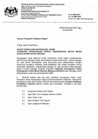 Surat pekeliling ikhtisas bil.42008 standard kecergasan fizikal kebangsaan untuk murid sekolah malaysia segak