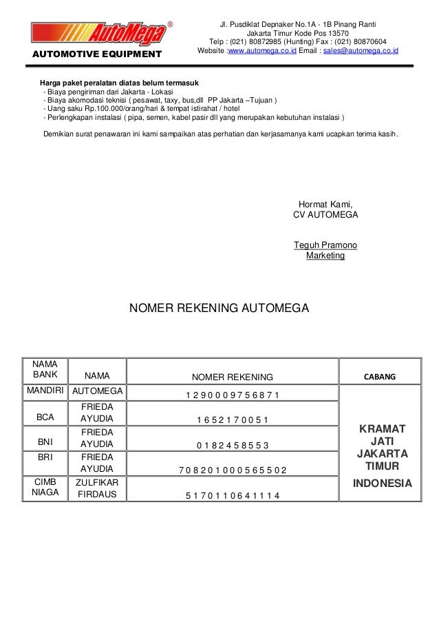 Surat penawaran 5 hidrolik motor ibu martha