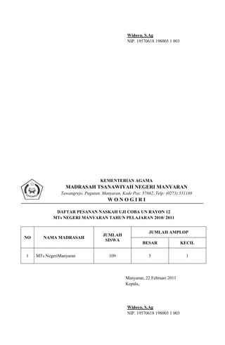 Widoyo, S.Ag
                                                 NIP. 19570618 198003 1 003




                                    KEMENTERIAN AGAMA
                  MADRASAH TSANAWIYAH NEGERI MANYARAN
                Tawangrejo, Pagutan, Manyaran, Kode Pos: 57662,.Telp: (0273) 531188
                                       WONOGIRI

             DAFTAR PESANAN NASKAH UJI COBA UN RAYON 12
            MTs NEGERI MANYARAN TAHUN PELAJARAN 2010/ 2011


                                                            JUMLAH AMPLOP
                                     JUMLAH
NO      NAMA MADRASAH
                                      SISWA
                                                         BESAR                KECIL

1    MTs NegeriManyaran                 109                 5                   1




                                                 Manyaran, 22 Februari 2011
                                                 Kepala,




                                                 Widoyo, S.Ag
                                                 NIP. 19570618 198003 1 003
 
