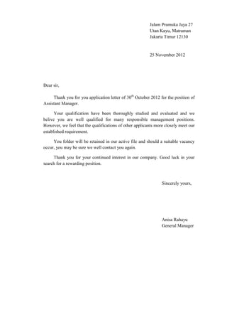 Surat penolakan lamaran kerja b.indo dan b.ing