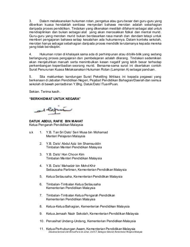 Surat penurunan kuasa merotan (contoh)