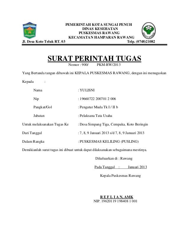 contoh organisasi surat jalan kota Surat Puskesmas rawang tugas penuh sungai perintah