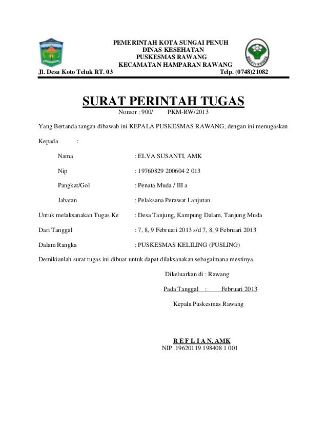 Surat Perintah Tugas Puskesmas Rawang Kota Sungai Penuh Provinsi Jambi