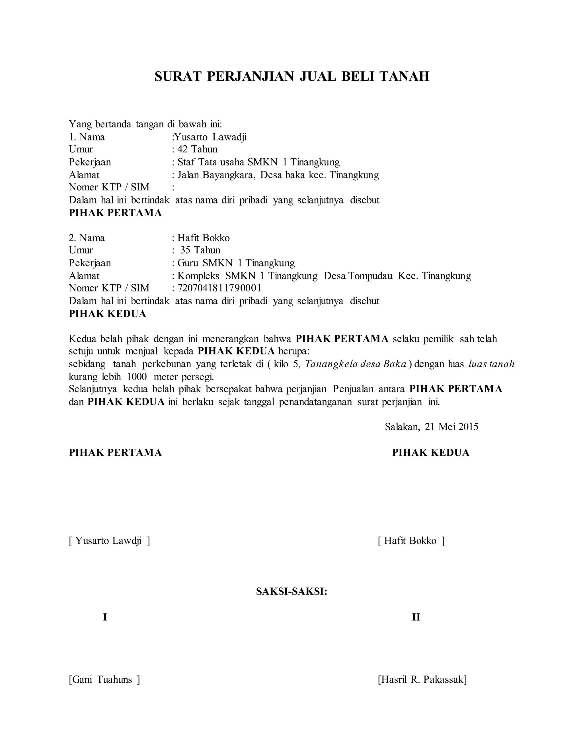 Surat perjanjian jual beli tanah | DOCX