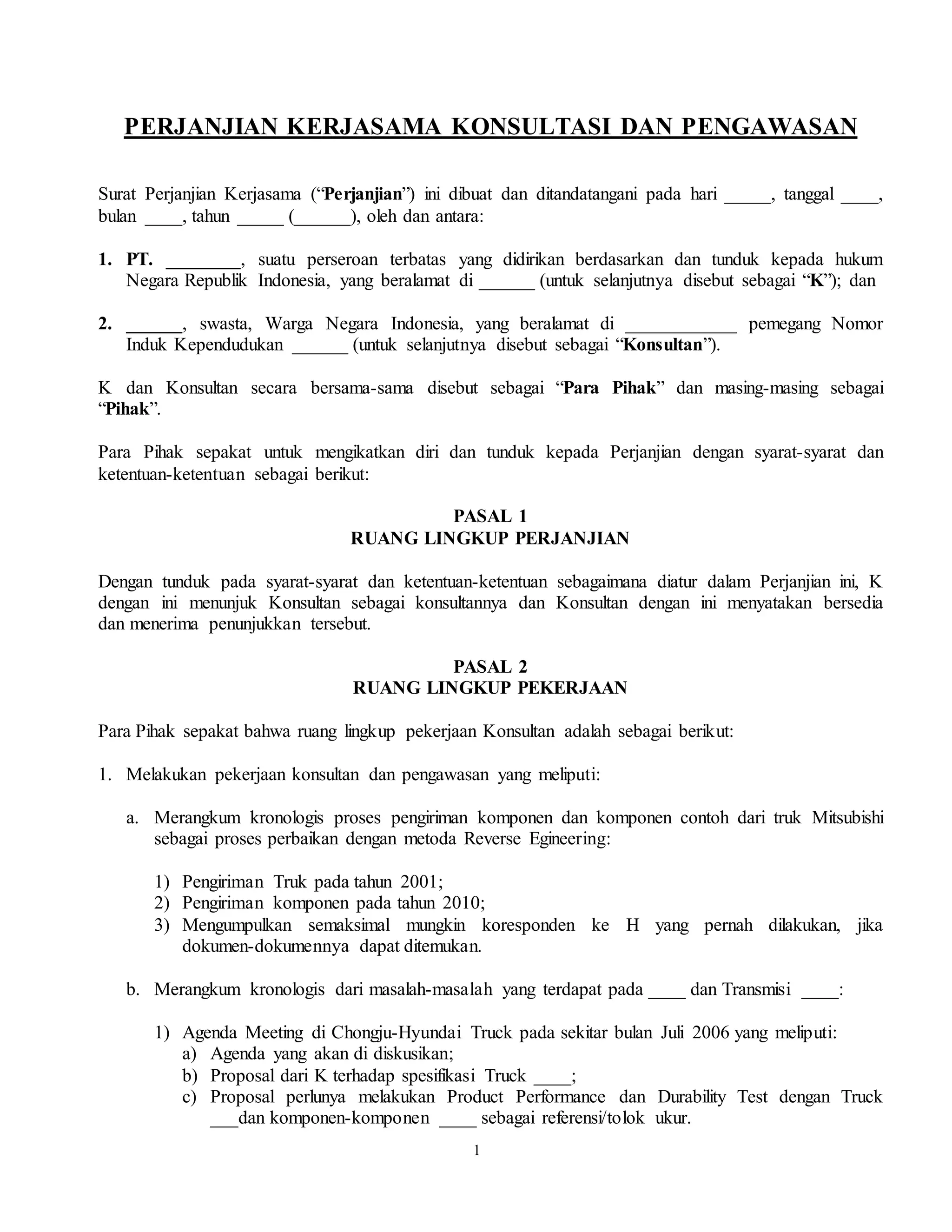 Contoh Perjanjian Konsultan dan Pengawasan Terbaru (Beli Perjanjian