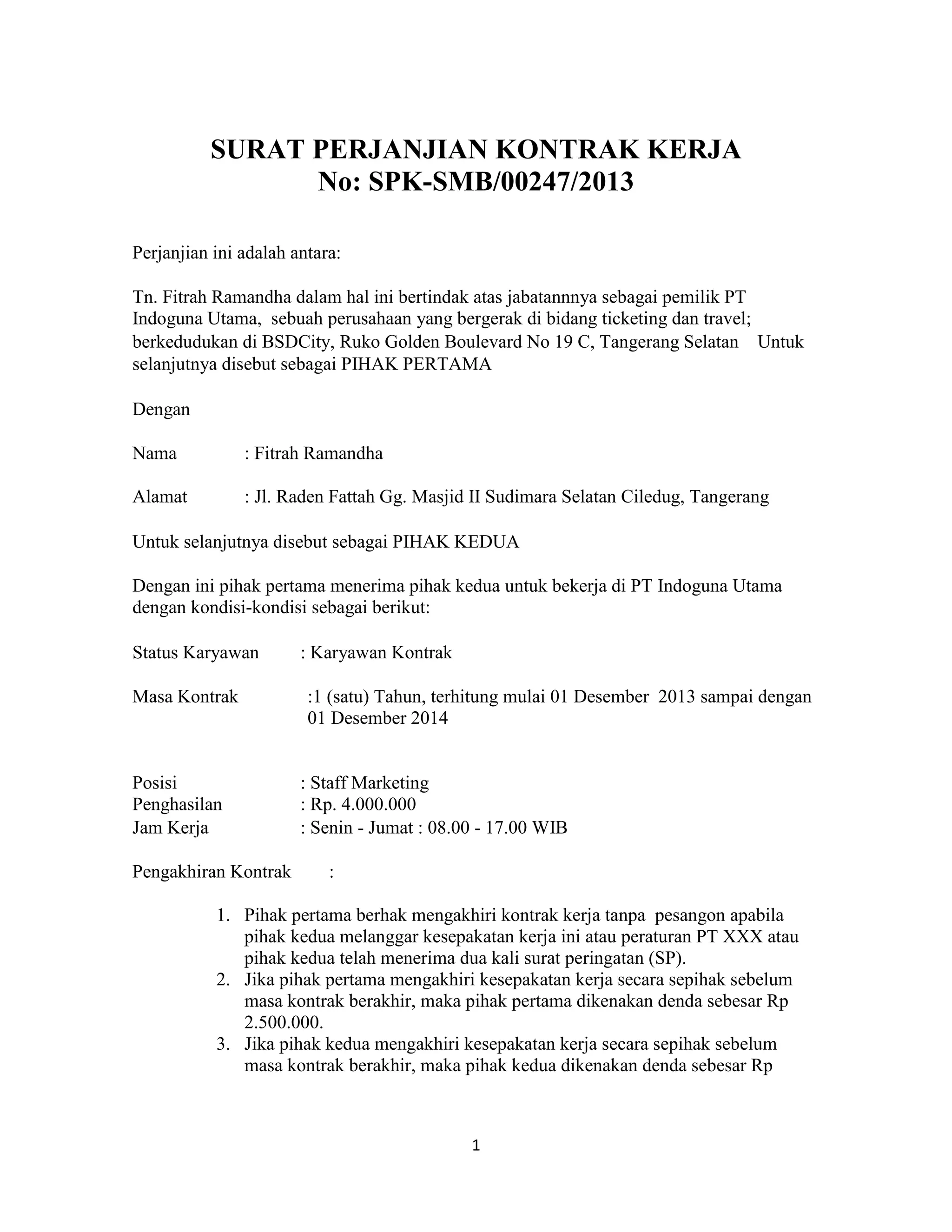 Surat perjanjian kontrak kerja | DOCX