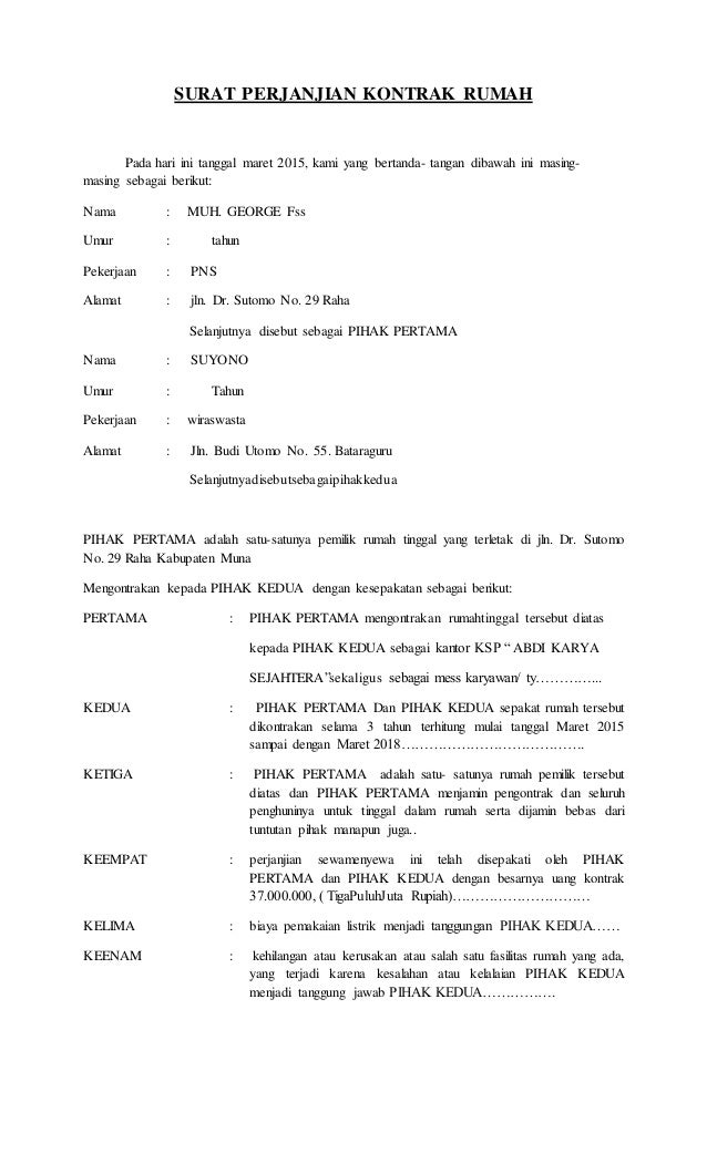 kerja kontrak contoh surat kontrak rumah perjanjian Surat kerja kontrak contoh surat kontrak rumah perjanjian Surat