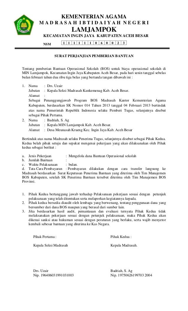Surat perjanjian pemberian bantuan bos