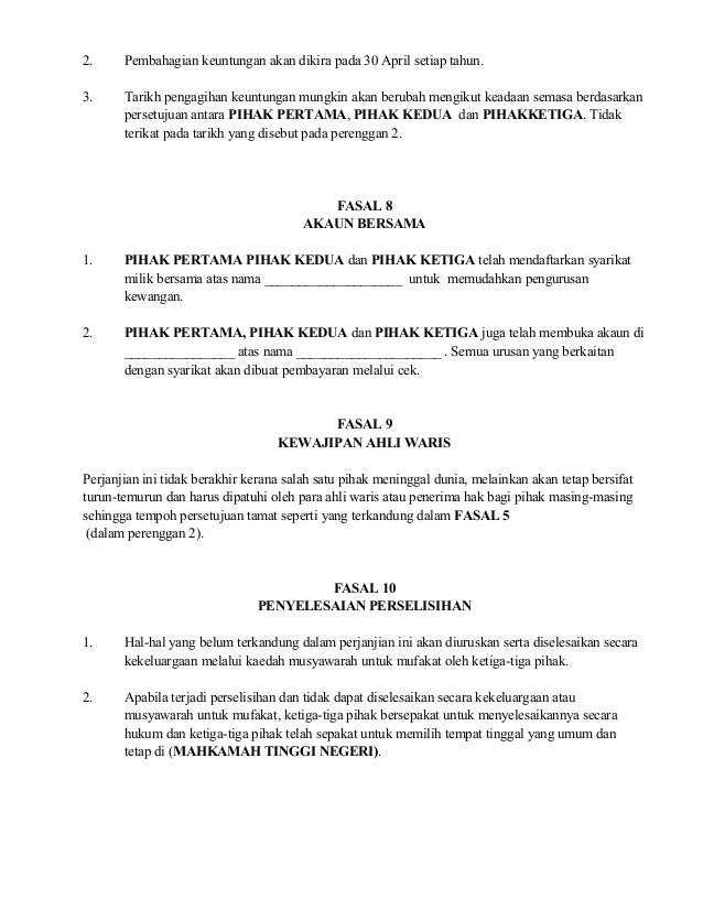 Contoh Surat Perjanjian Kerjasama Perniagaan Di Malaysia