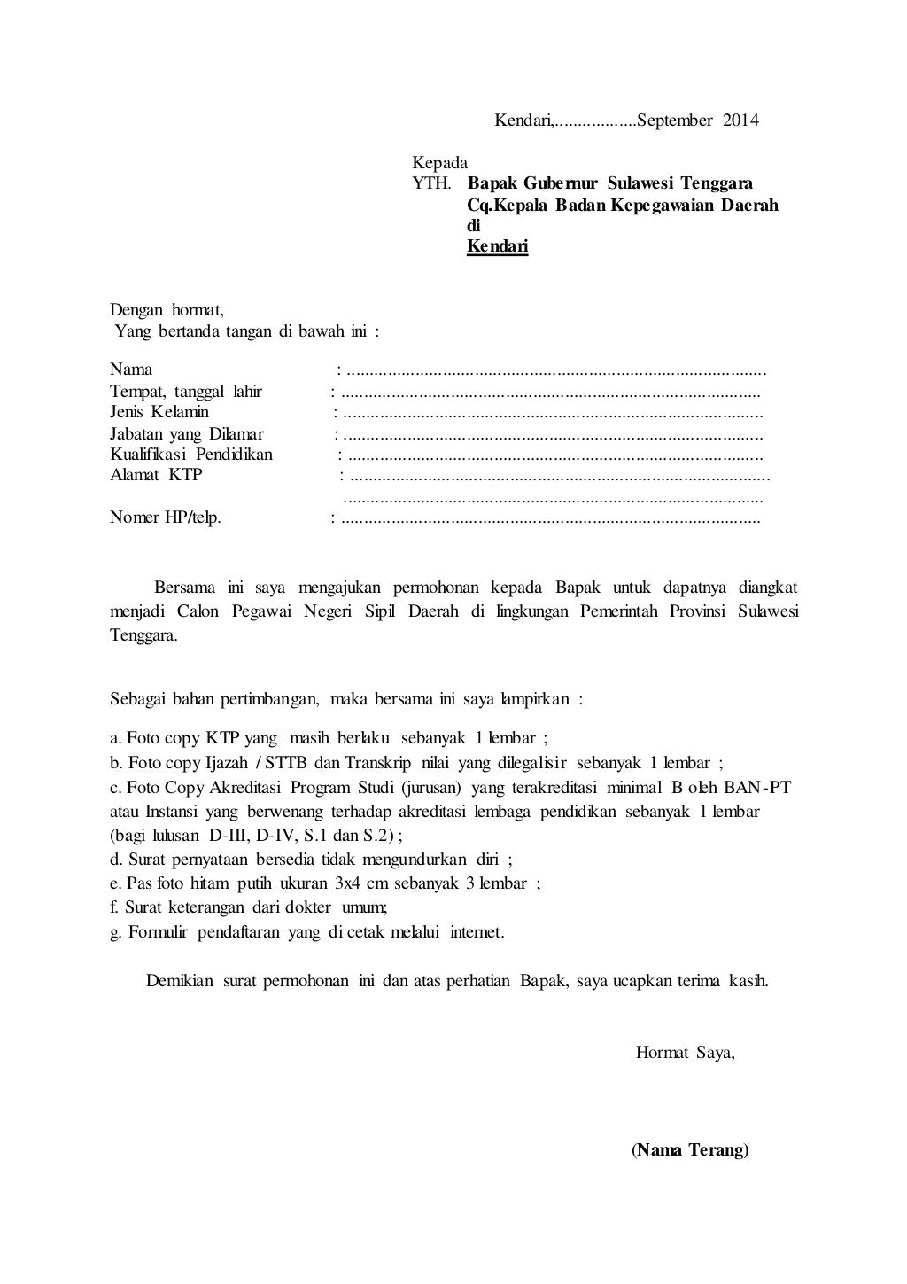 Surat permohonan cpns