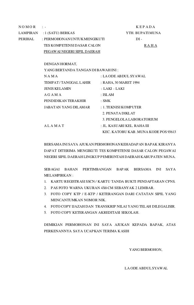 Surat permohonan cpns muna