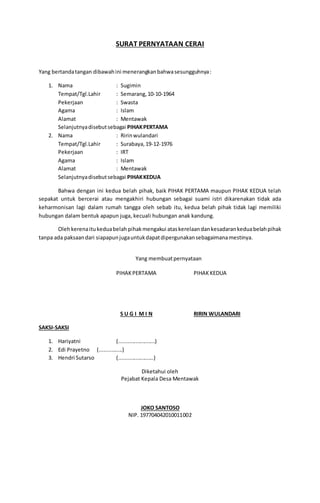 Surat Pernyataan Cerai