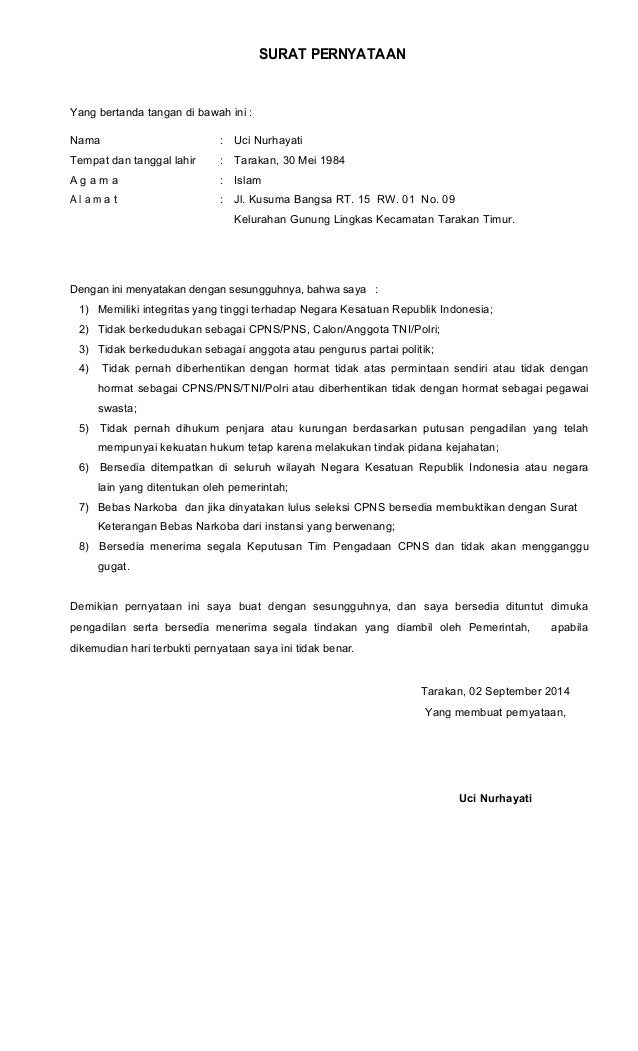 Contoh Surat Pernyataan Tidak Pns  Contoh Surat