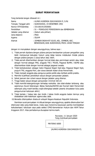 Contoh Surat pernyataan cpns | PDF