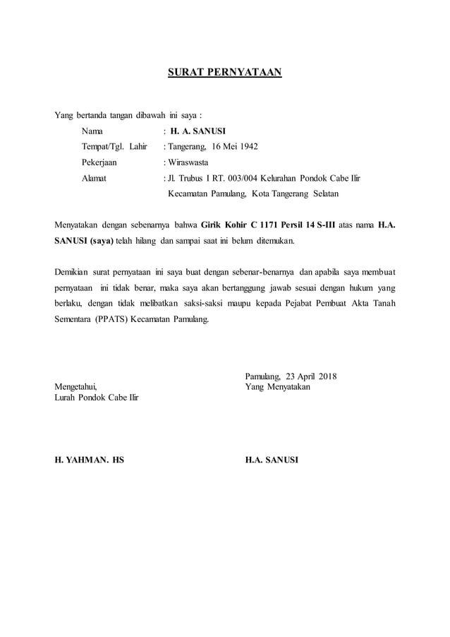 SURAT PERNYATAAN HILANGNYA GIRIK KOHIR C 1171 PERSI 14 S-III | PDF