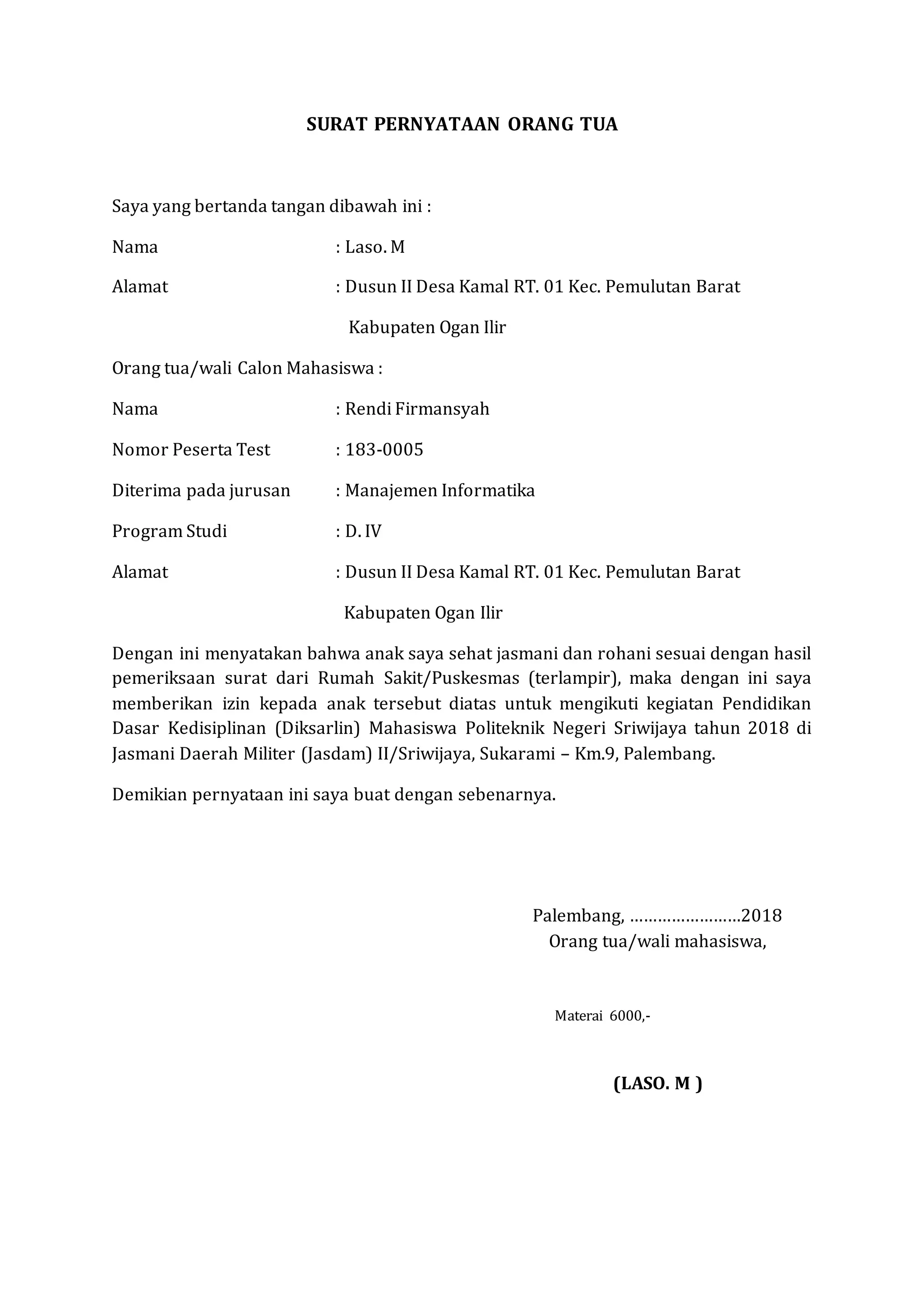 Surat pernyataan orang tua | DOCX