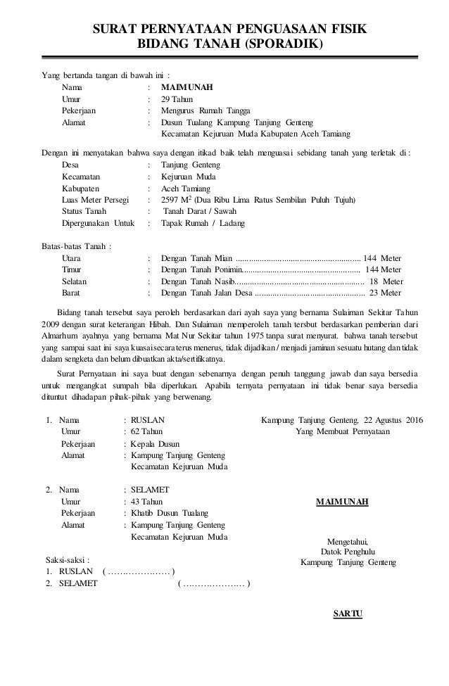 surat pernyataan penguasaan fisik surat pernyataan penguasaan fisik