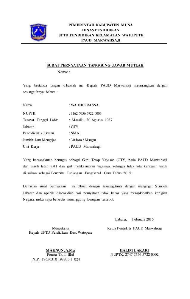 Surat pernyataan tanggung jawab mutlak paud marwahsaji
