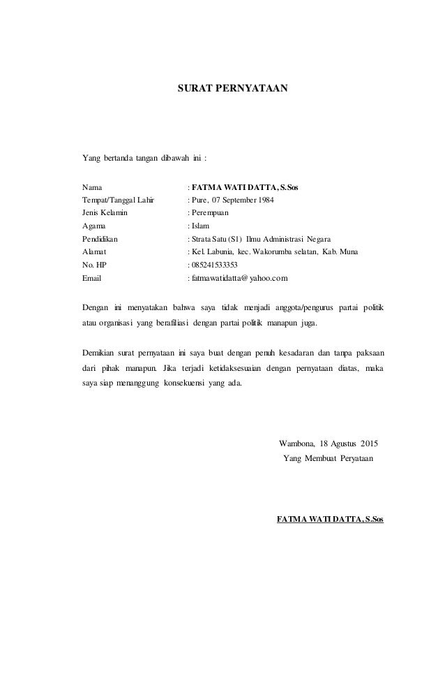 Surat pernyataan tidak berafiliasi dengan partai politik fatin