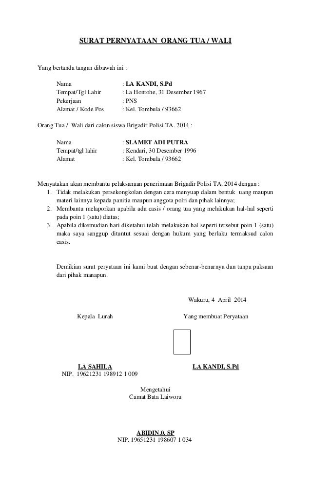 Contoh Surat Pernyataan Orang Tua Untuk Mengikuti Kegiatan 