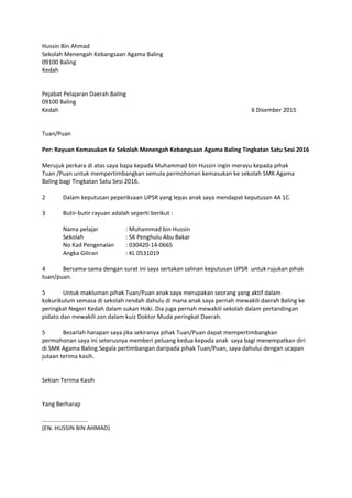 Surat rayuan ke smk agama baling