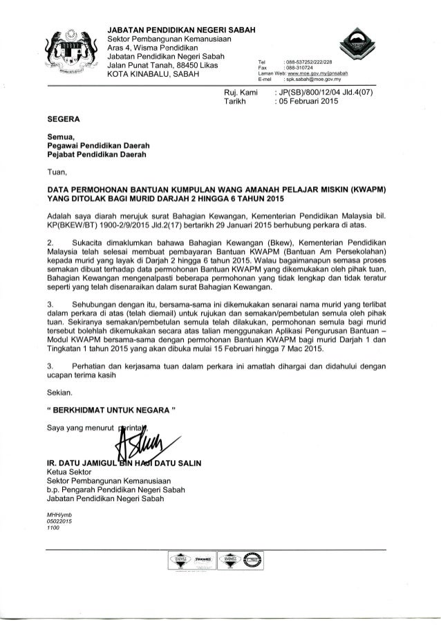 Surat Siaran Data Permohonan Bantuan Kwapm Yang Ditolak Bagi Murid