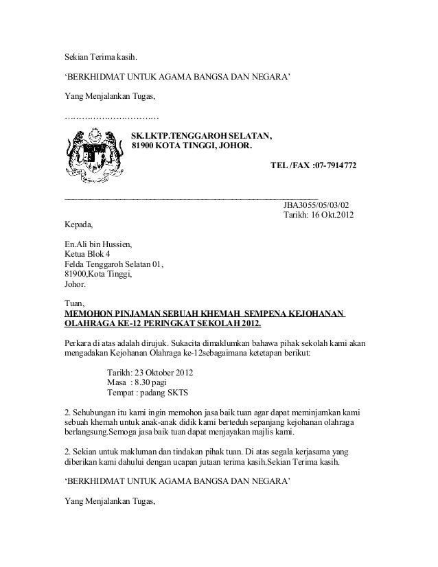 Contoh Surat Rasmi Permohonan Kunjungan Hormat Ketua Menteri