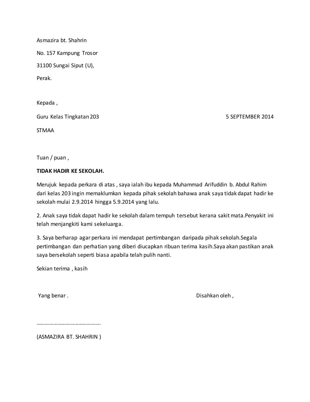 Surat tidak hadir sekolah