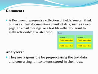 Document :
 A Document represents a collection of fields. You can think
of it as a virtual document—a chunk of data, such as a web
page, an email message, or a text file—that you want to
make retrievable at a later time.
Analyzers :
 They are responsible for preprocessing the text data
and converting it into tokens stored in the index.
 