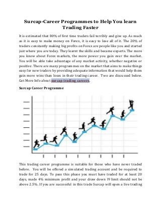 Surcap-Career Programmes to Help You learn
Trading Faster
It is estimated that 80% of first time traders fail terribly and give up. As much
as it is easy to make money on Forex, it is easy to lose all of it. The 20% of
traders constantly making big profits on Forex are people like you and started
just where you are today. They learnt the skills and became experts. The more
you know about Forex markets, the more power you gain over the market.
You will be able take advantage of any market activity, whether negative or
positive. There are many programmes on the market that aims to make things
easy for new traders by providing adequate information that would help them
gain more wins than loses in their trading career. Two are discussed below.
Get More Info about surcap trading careers.
Surcap Career Programme

This trading career programme is suitable for those who have never traded
before. You will be offered a simulated trading account and be required to
trade for 25 days. To pass this phase you must have traded for at least 20
days, made 4% minimum profit and your draw down l9 limit should not be
above 2.5%. If you are successful in this trade Surcap will open a live trading

 
