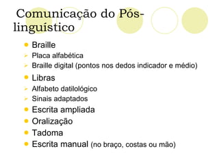 Comunicação do Pós-linguístico Braille Placa alfabética Braille digital (pontos nos dedos indicador e médio) Libras   Alfabeto datilológico Sinais adaptados  Escrita ampliada Oralização Tadoma Escrita manual  (no braço, costas ou mão) 