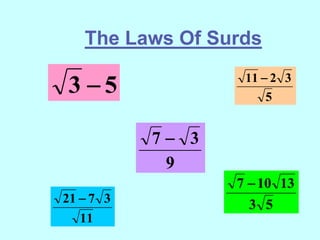 The Laws Of Surds
5
3 
9
3
7 
5
3
2
11 
11
3
7
21  5
3
13
10
7 
 