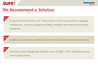 We Recommend a Solution
Empower Service Providers with “best practices” in the areas of product catalogue
management, contract management, billing, mediation and interconnect revenue
settlement.
01
03
02
Enable service providers to better focus on their core business and service delivery.
Minimize revenue leakage with real time rating of CDR’s , UDR‘s and online revenue
sharing with partners
 
