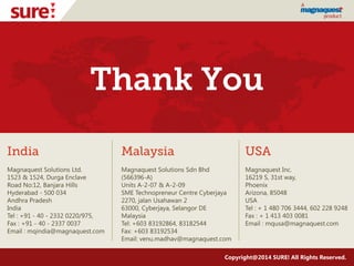 Thank You
India
Magnaquest Solutions Ltd.
1523 & 1524, Durga Enclave
Road No:12, Banjara Hills
Hyderabad - 500 034
Andhra Pradesh
India
Tel : +91 - 40 - 2332 0220/975,
Fax : +91 - 40 - 2337 0037
Email : mqindia@magnaquest.com
Malaysia
Magnaquest Solutions Sdn Bhd
(566396-A)
Units A-2-07 & A-2-09
SME Technopreneur Centre Cyberjaya
2270, jalan Usahawan 2
63000, Cyberjaya, Selangor DE
Malaysia
Tel: +603 83192864, 83182544
Fax: +603 83192534
Email: venu.madhav@magnaquest.com
USA
Magnaquest Inc.
16219 S, 31st way,
Phoenix
Arizona, 85048
USA
Tel : + 1 480 706 3444, 602 228 9248
Fax : + 1 413 403 0081
Email : mqusa@magnaquest.com
Copyright@2014 SURE! All Rights Reserved.
 