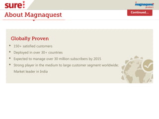 About Magnaquest
Globally Proven
• 150+ satisfied customers
• Deployed in over 30+ countries
• Expected to manage over 30 million subscribers by 2015
• Strong player in the medium to large customer segment worldwide;
Market leader in India
Continued…
 