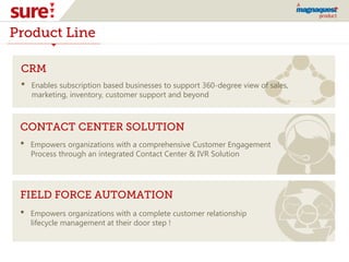 Product Line
CRM
CONTACT CENTER SOLUTION
• Empowers organizations with a comprehensive Customer Engagement
Process through an integrated Contact Center & IVR Solution
FIELD FORCE AUTOMATION
• Empowers organizations with a complete customer relationship
lifecycle management at their door step !
• Enables subscription based businesses to support 360-degree view of sales,
marketing, inventory, customer support and beyond
 