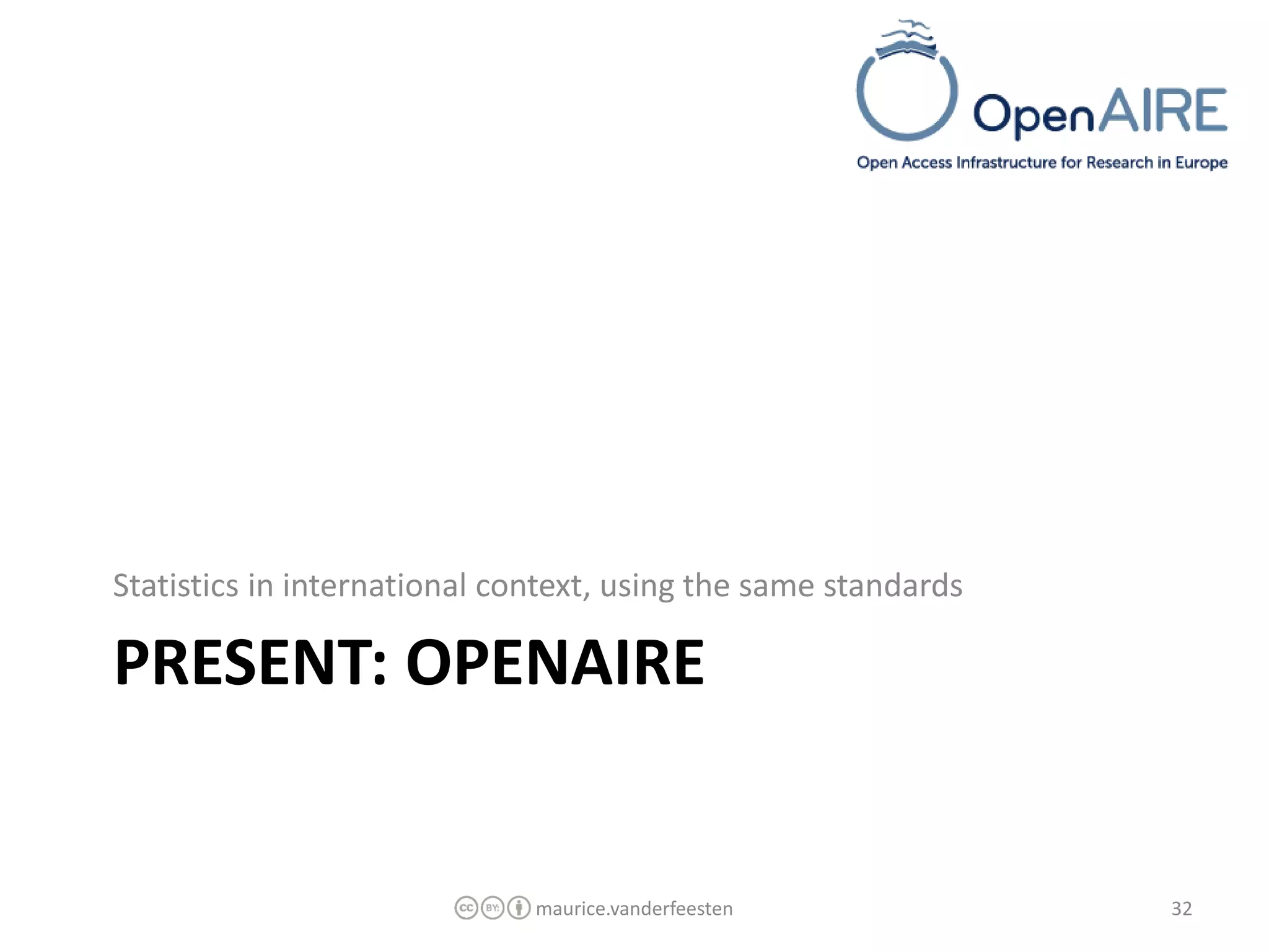 Statistics in international context, using the same standards

PRESENT: OPENAIRE


                              maurice.vanderfeesten             32
 
