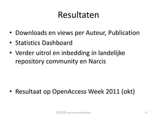 Resultaten
• Downloads en views per Auteur, Publication
• Statistics Dashboard
• Verder uitrol en inbedding in landelijke
...