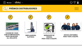 NOVOS UNIFORMES
PARA TODA A EQUIPE
WORKSHOP DE
VENDAS
PARA TODA A EQUIPE
EMPILHADEIRA
ELÉTRICA
1º 2º 3º 4º
VIAGEM DE 5 DIAS
COM ACOMPANHANTE
PARA UM RESORT
ALL INCLUSIVE
PRÊMIOS DISTRIBUIDORES
 